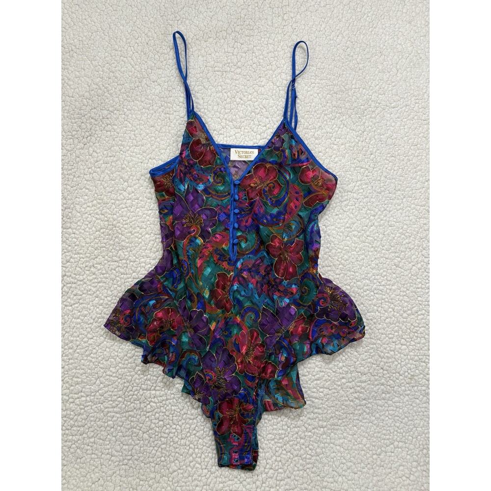 Vtg VICTORIAS SECRET Gold Label Floral Sheer Teddy Bodysuit Flutter Ruffle Skirt